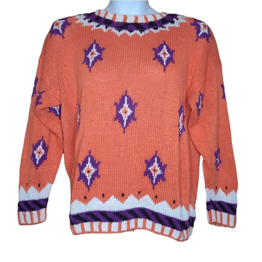 VINTAGE 90s orange southwest print boxy heavy knit sweater L